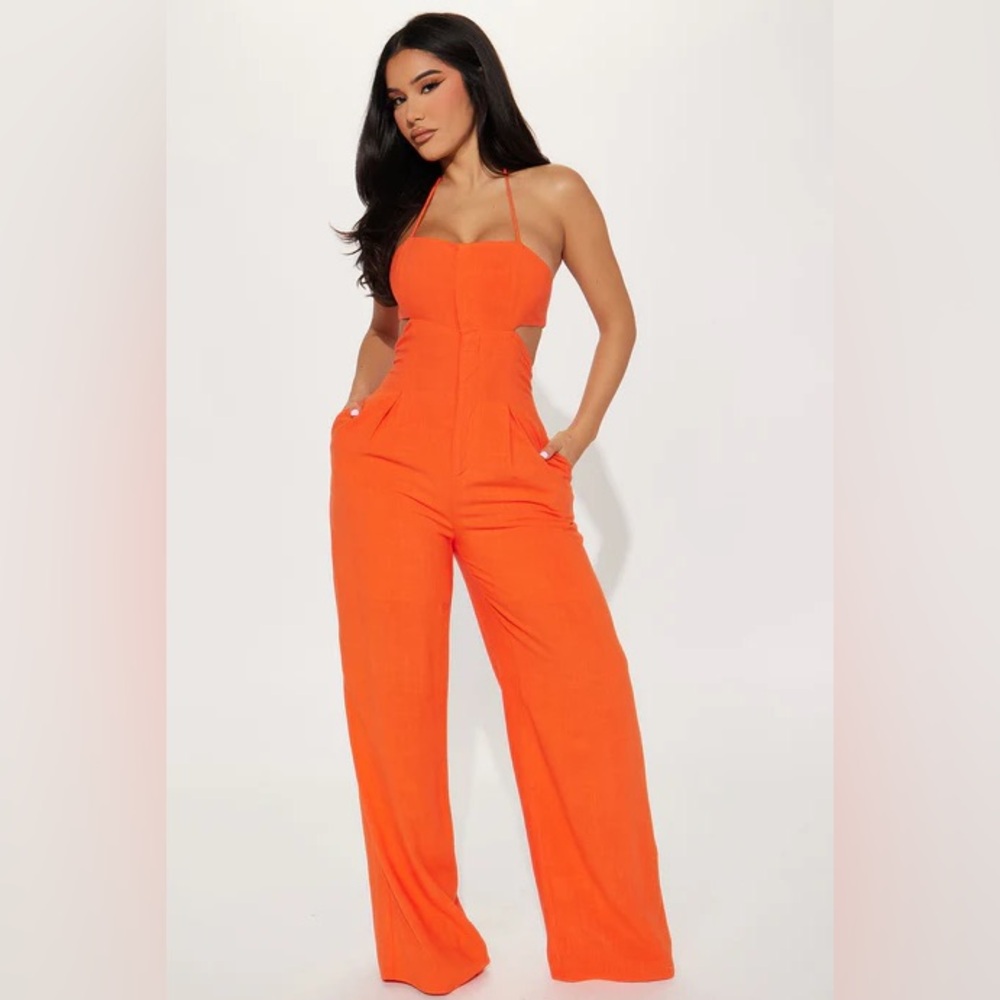 Fashion Nova Orange Strapless Jumpsuit with Wide-Leg Design